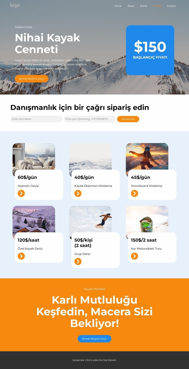 Kayak Merkezi Fiyatlandırması Web sitesi tasarımı