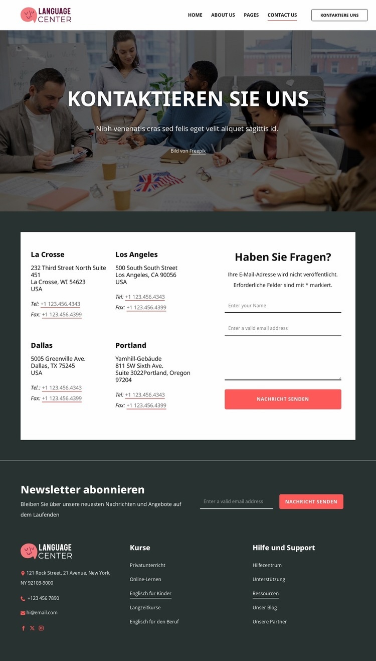 Kontaktseite des Sprachenzentrums Landing Page
