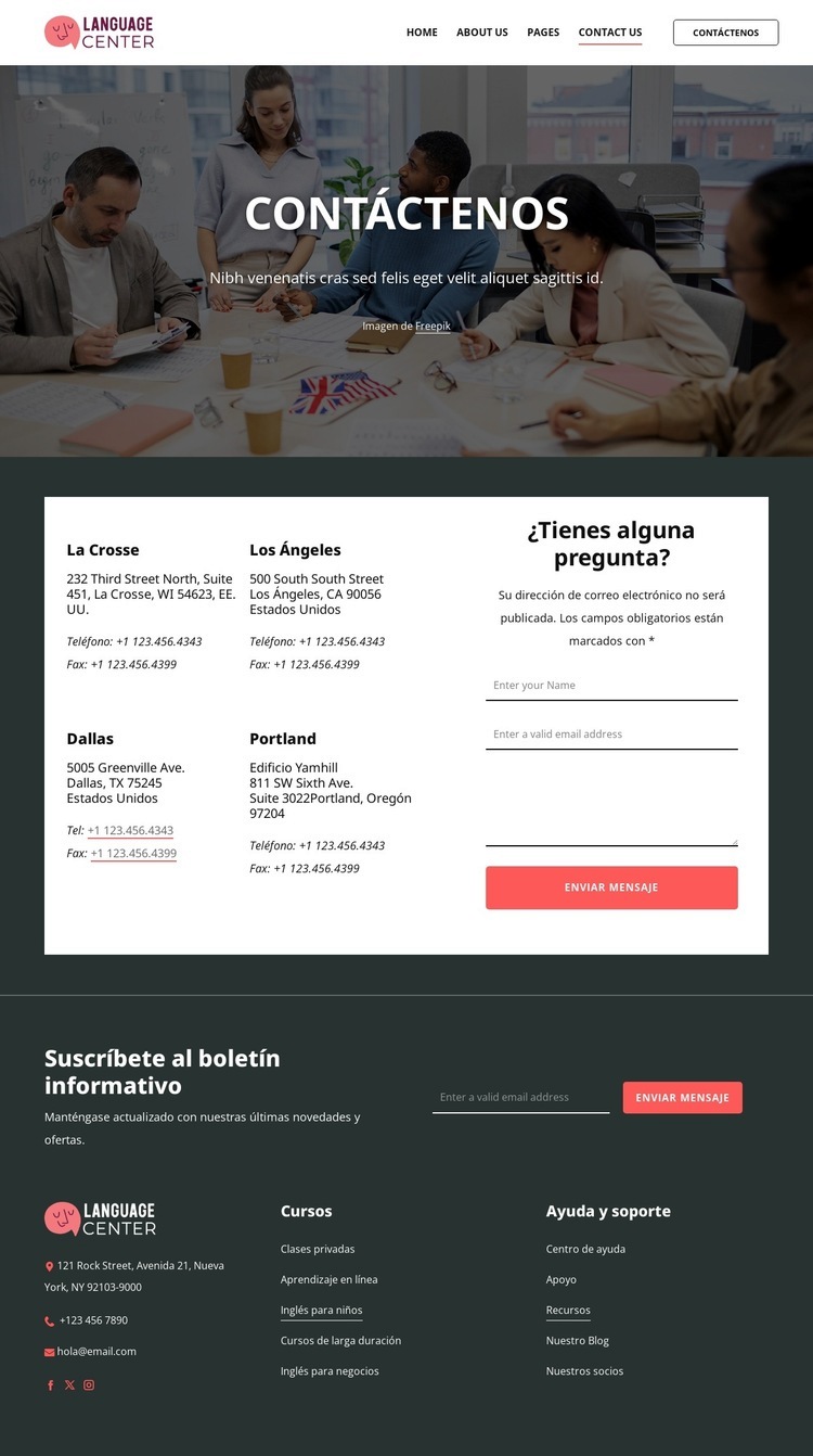 Página de contacto del centro de idiomas Diseño de páginas web