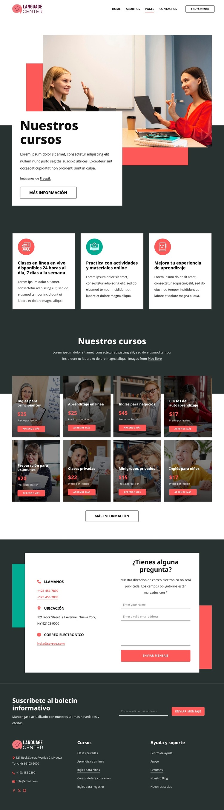 Precios del centro de idiomas Plantilla de sitio web