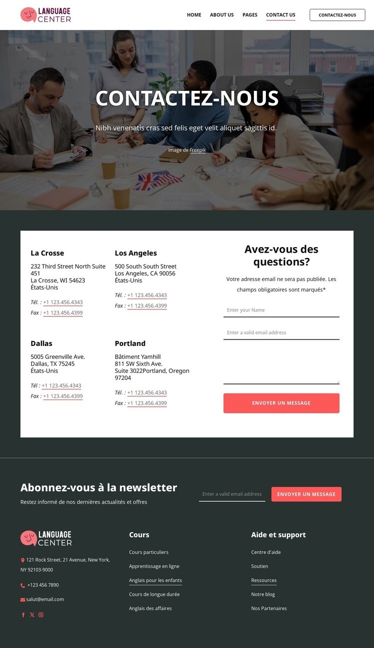 Page de contact du centre de langues Conception de site Web