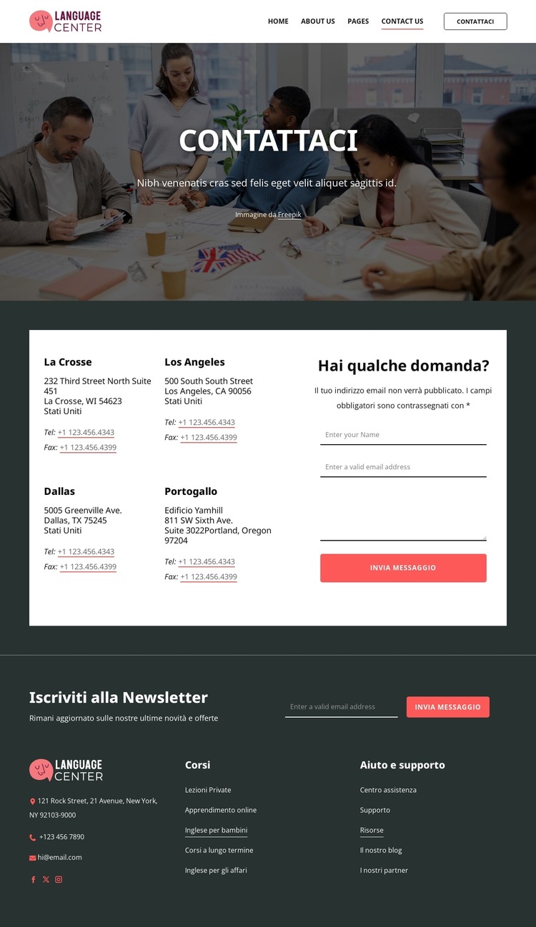 Pagina dei contatti del centro linguistico Modello di sito Web