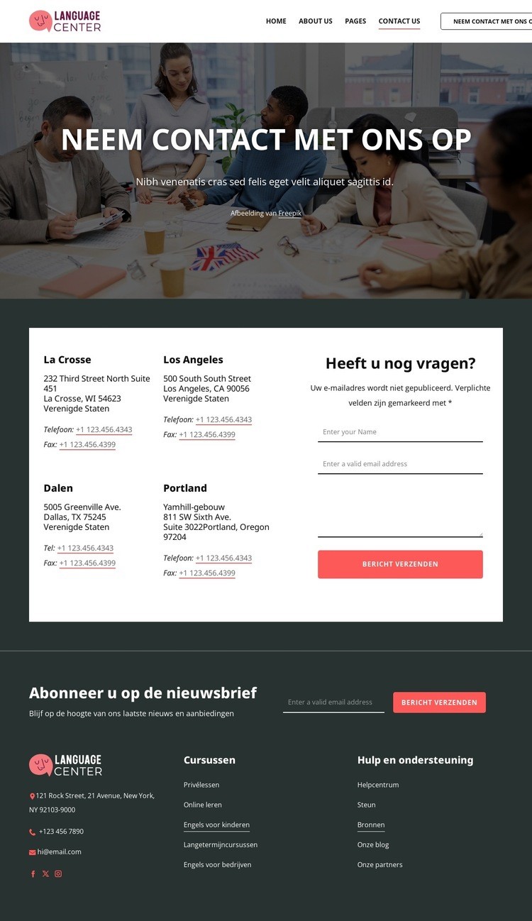 Contactpagina van het taalcentrum Website ontwerp