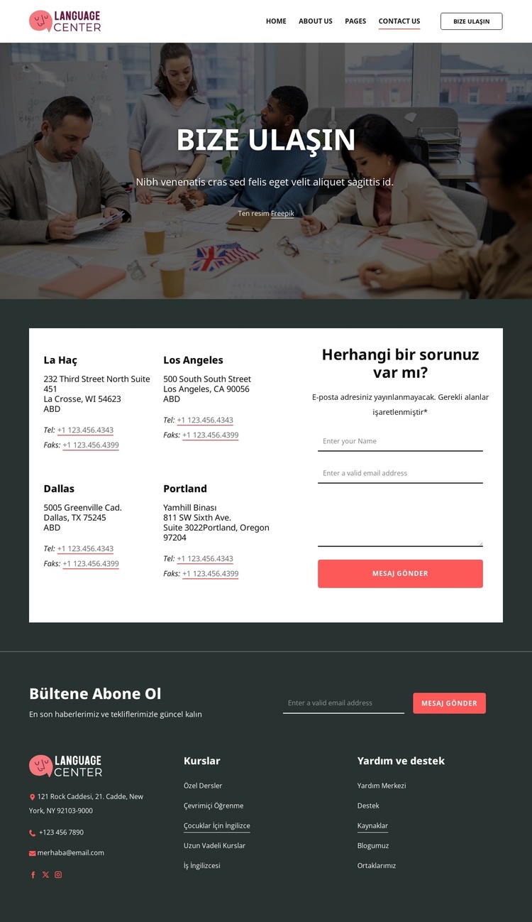 Dil merkezi iletişim sayfası HTML Şablonu