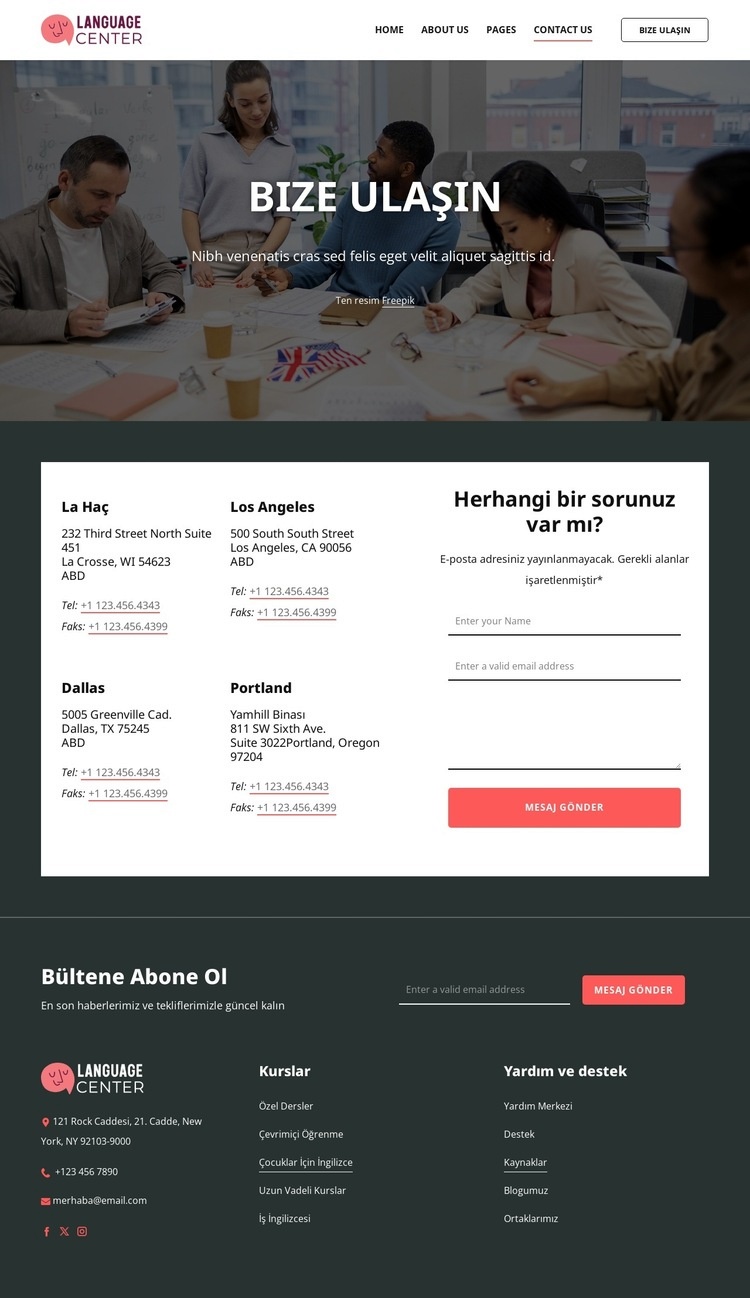 Dil merkezi iletişim sayfası Bir Sayfa Şablonu