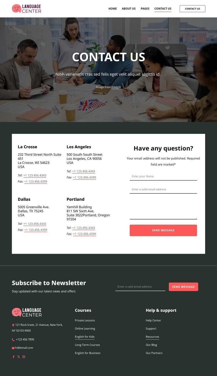 Language center contact page WordPress Theme