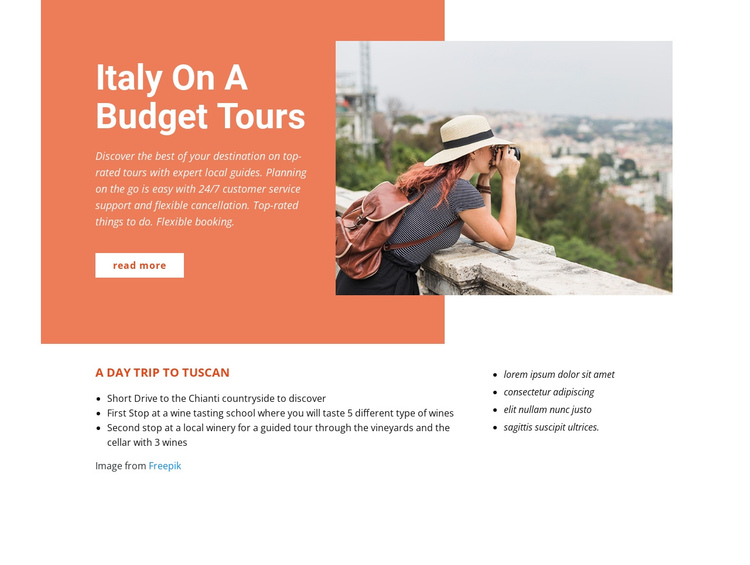 Italy budget tours One Page Template