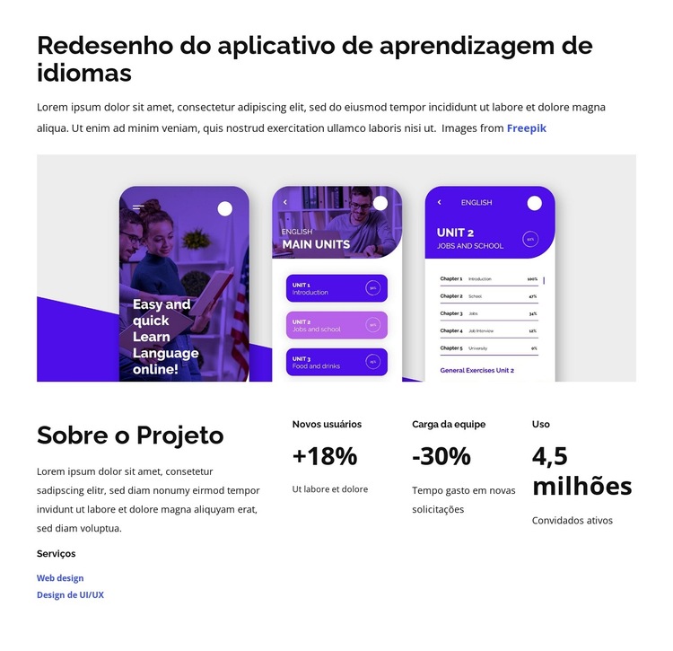 Redesenhar aplicativo de aprendizagem de idiomas Modelo de site