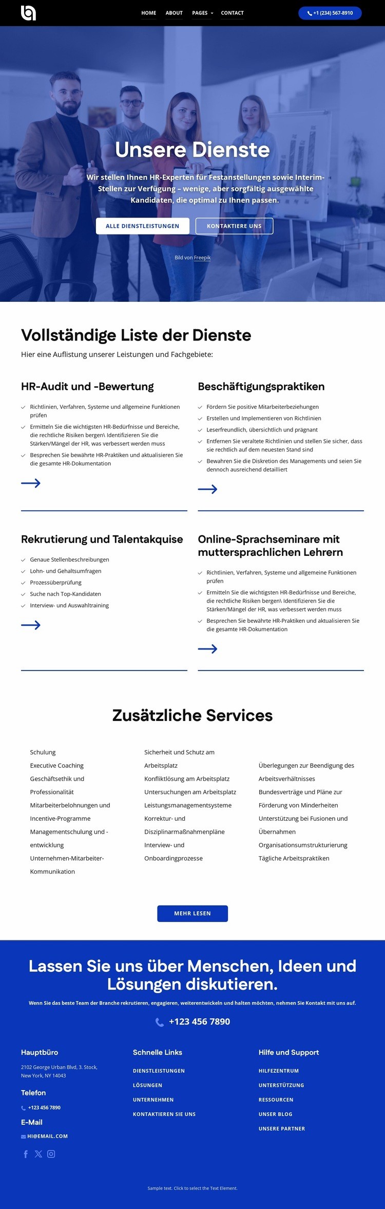 Vollständige Liste der Dienste Landing Page
