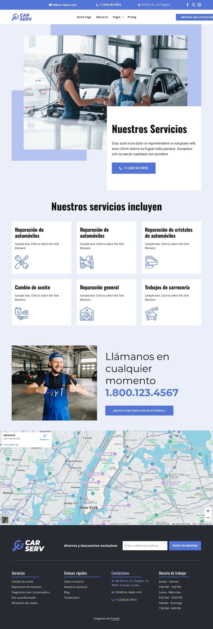 Lista de servicios de reparación de automóviles Maqueta de sitio web