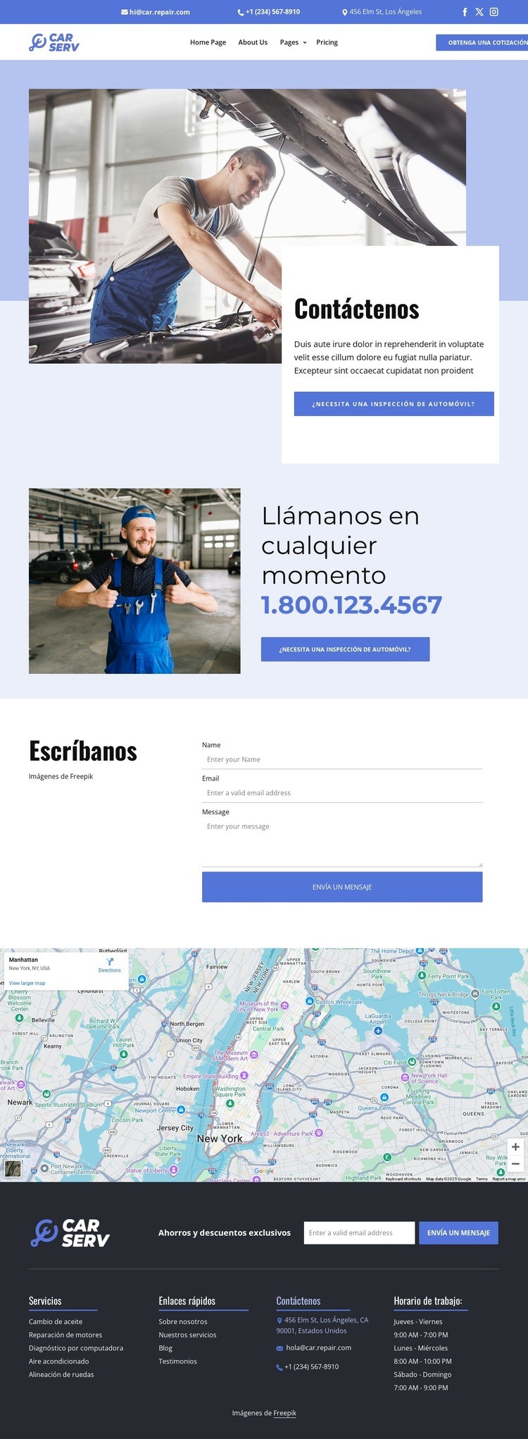 Contactos de reparación de automóviles Diseño de páginas web