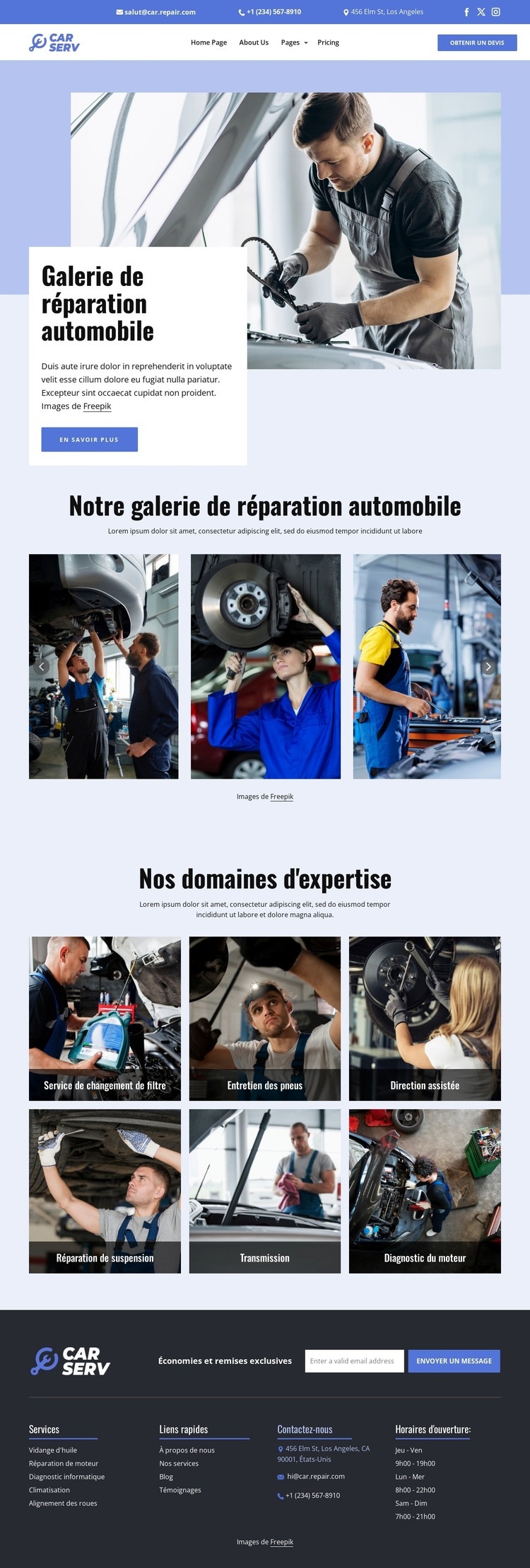 Galerie de réparation automobile Maquette de site Web