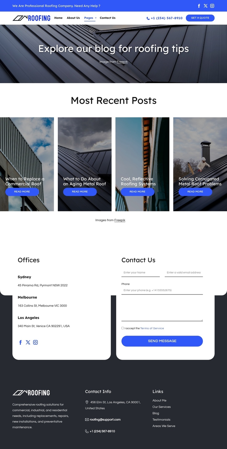 Roofing company blog One Page Template