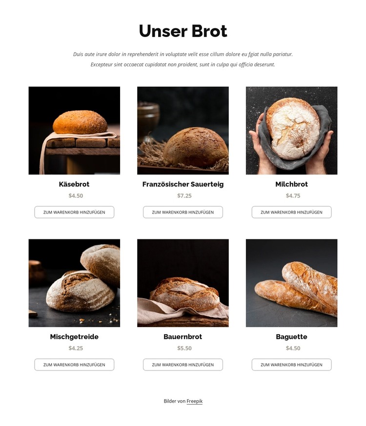 Täglich frisch gebackenes Brot HTML-Vorlage