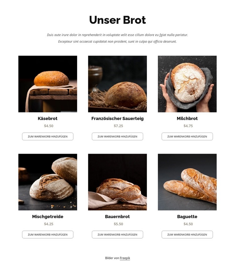Täglich frisch gebackenes Brot Landing Page