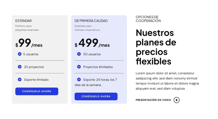 Nuestros planes de precios flexibles Plantilla de sitio web