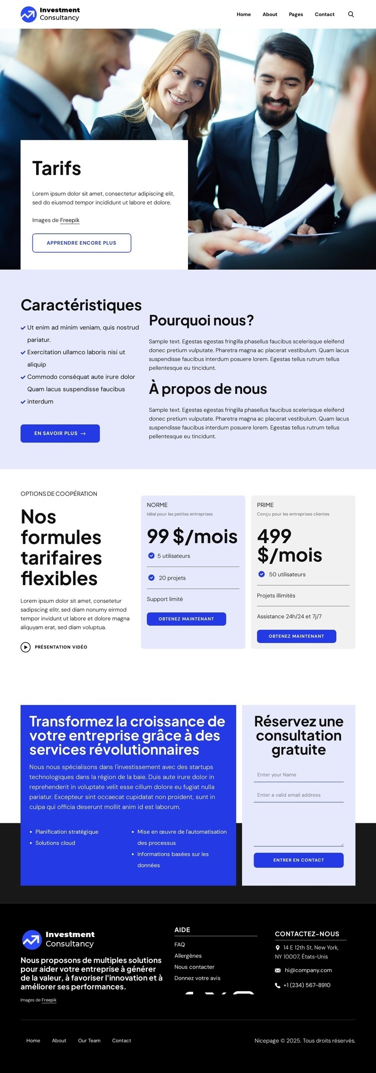 Tarification des sociétés d'investissement Maquette de site Web
