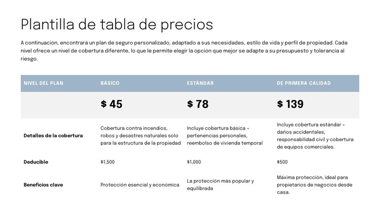 Tabla de precios para la página de propuesta Plantilla CSS