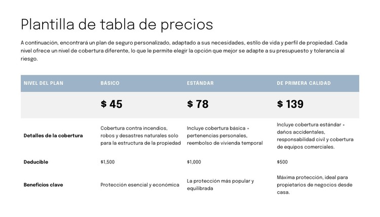 Tabla de precios para la página de propuesta Plantilla HTML