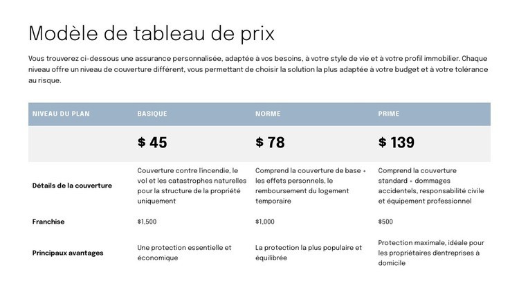 Tableau des prix pour la page de proposition Modèle