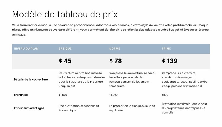 Tableau des prix pour la page de proposition Modèle d'une page