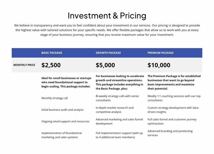 Investment and pricing Html Code Example