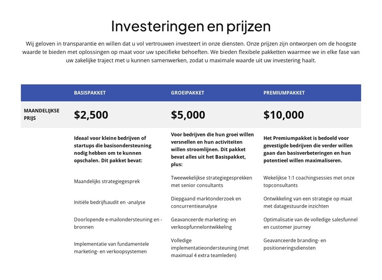 Investeringen en prijsstelling HTML-sjabloon