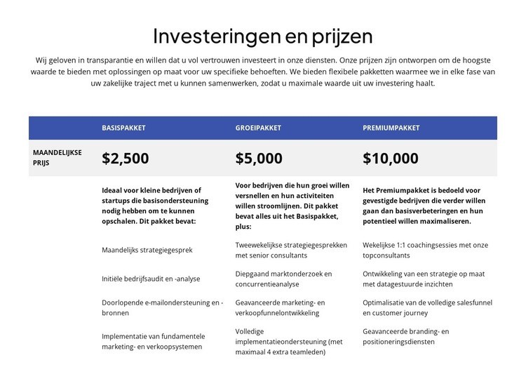 Investeringen en prijsstelling Website ontwerp