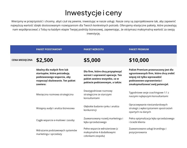 Inwestycje i ceny Projekt strony internetowej