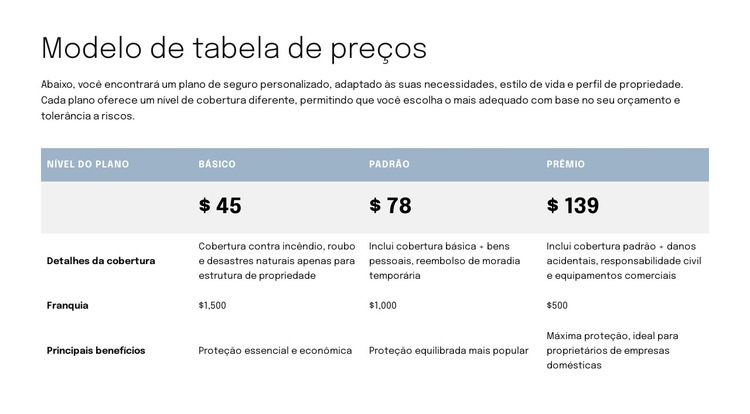 Tabela de preços para página de proposta Modelo de site