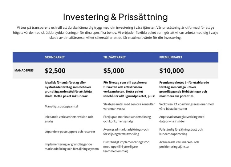 Investeringar och prissättning HTML-mall
