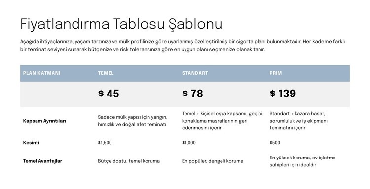 Teklif sayfası için fiyatlandırma tablosu Şablon