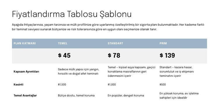 Teklif sayfası için fiyatlandırma tablosu Bir Sayfa Şablonu