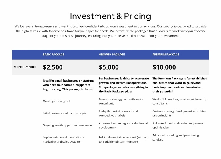 Investment and pricing Website Template