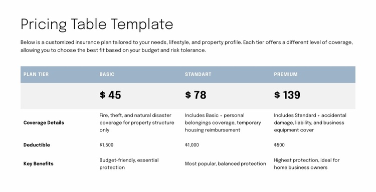 Pricing table for proposal page Landing Page