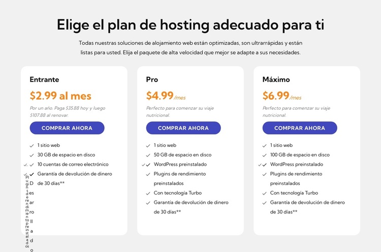 Plan de alojamiento Tema de WordPress