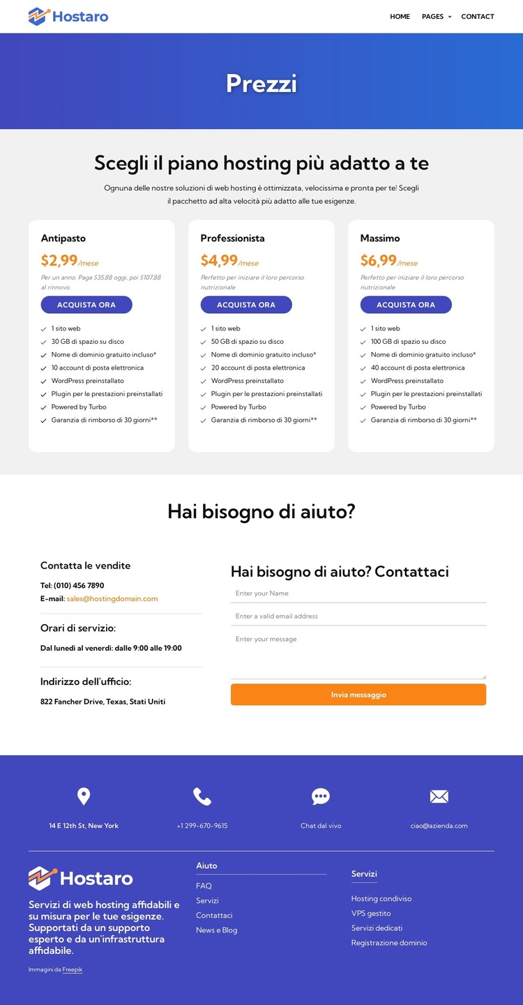 Piani di hosting Modello di sito Web