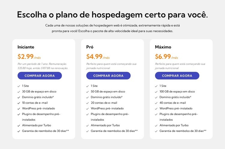Plano de hospedagem Design do site
