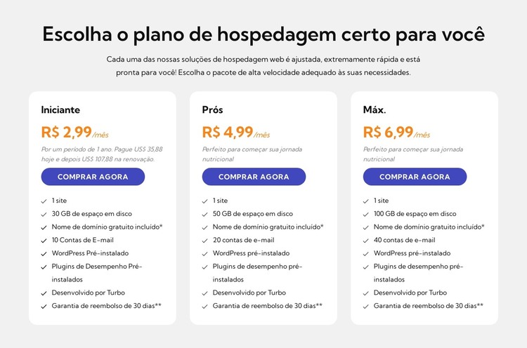 Plano de hospedagem Modelo HTML