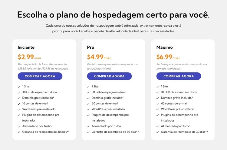 Plano de hospedagem Landing Page