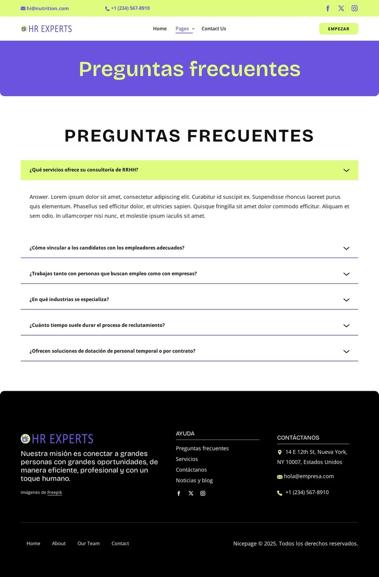 Preguntas frecuentes sobre contratación Plantilla CSS