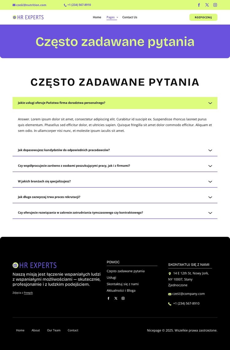 FAQ dotyczące rekrutacji Szablon witryny sieci Web