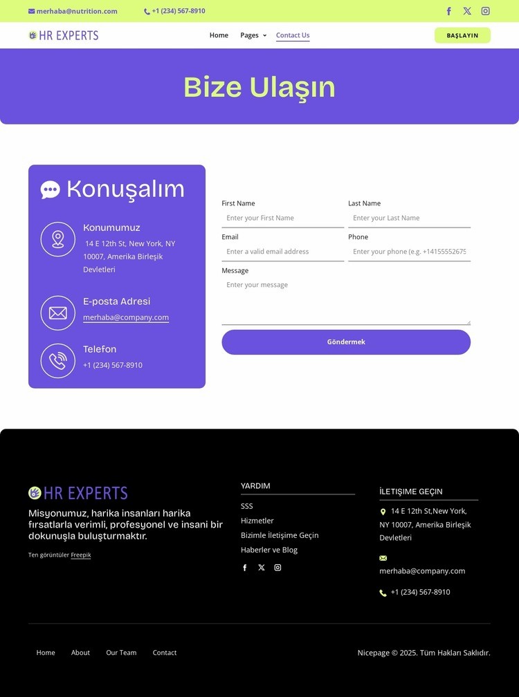 HR contact page Bir Sayfa Şablonu