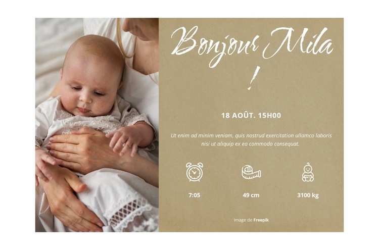 Carte postale de bienvenue bébé Maquette de site Web