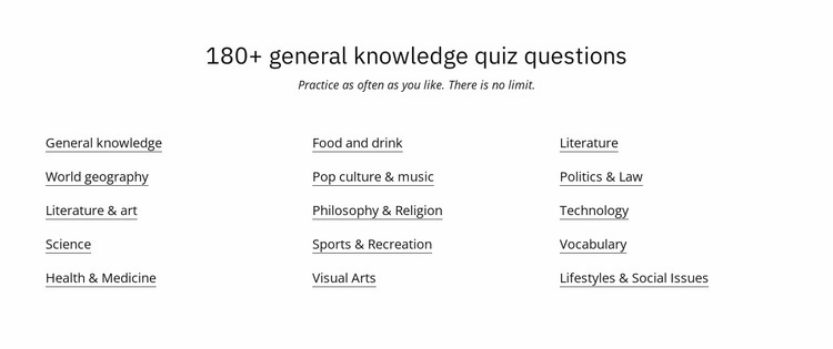 180 quiz questions Html Code Example