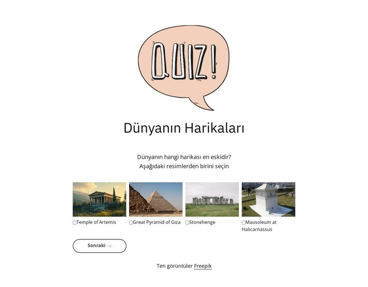 Dünyanın harikaları testi Bir Sayfa Şablonu