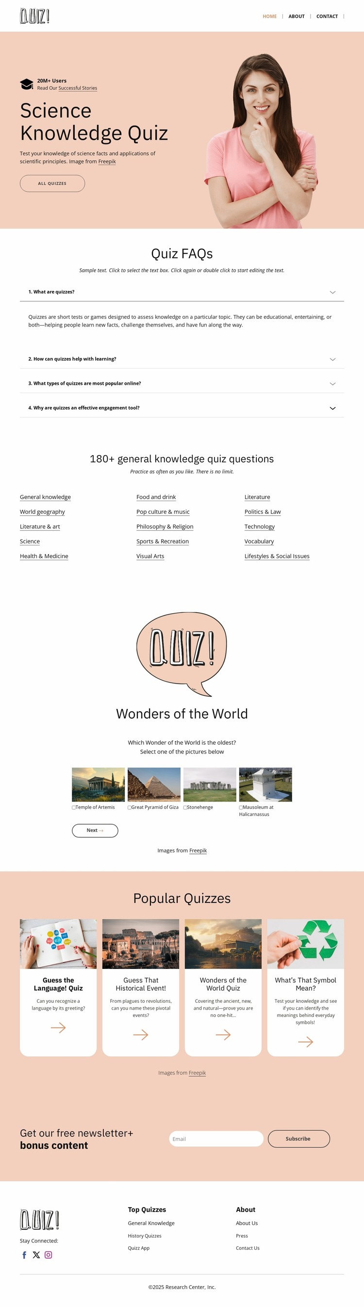 Challenge your scientific knowledge Website Mockup