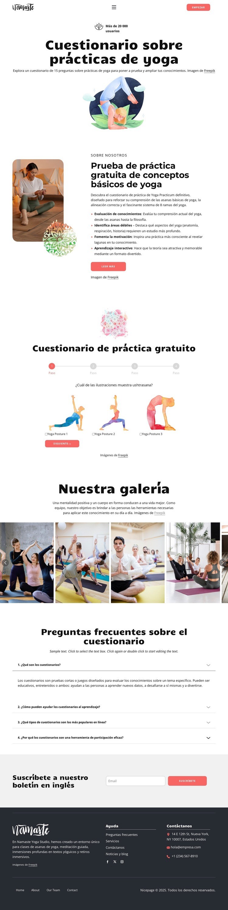 Cuestionario de conocimientos de yoga Maqueta de sitio web