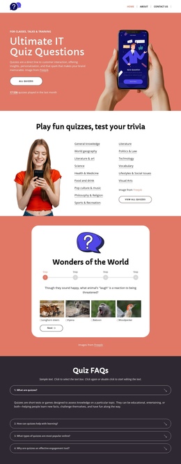 Play fun quizzes One Page Templates