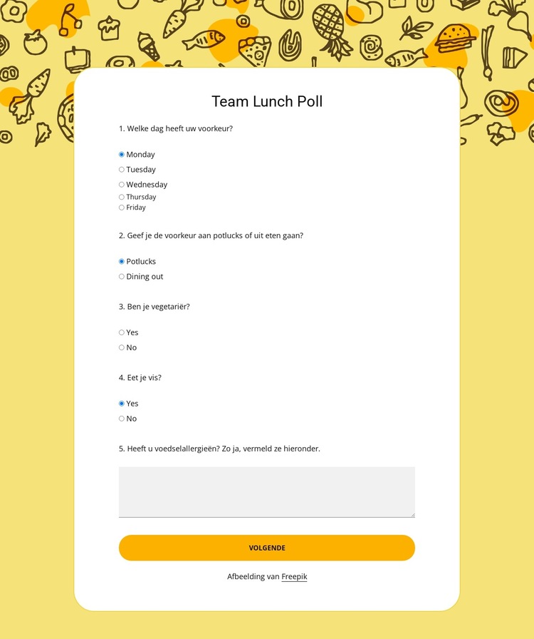 Team lunch poll Website sjabloon